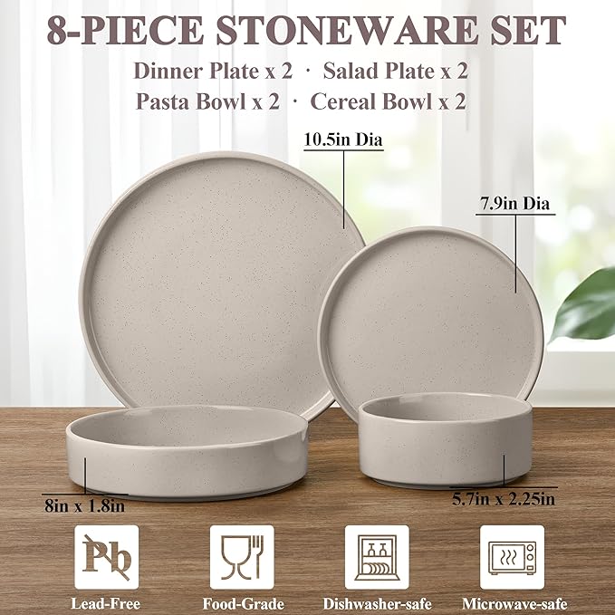 Herogo 8 Piece Plates and Bowls Set, Ceramic Dinnerware Sets with Pasta Bowls, Kitchen Dinner Ware Dishes Service for 2, Chip & Scratch Resistant Dishware, Speckled Coffee Brown