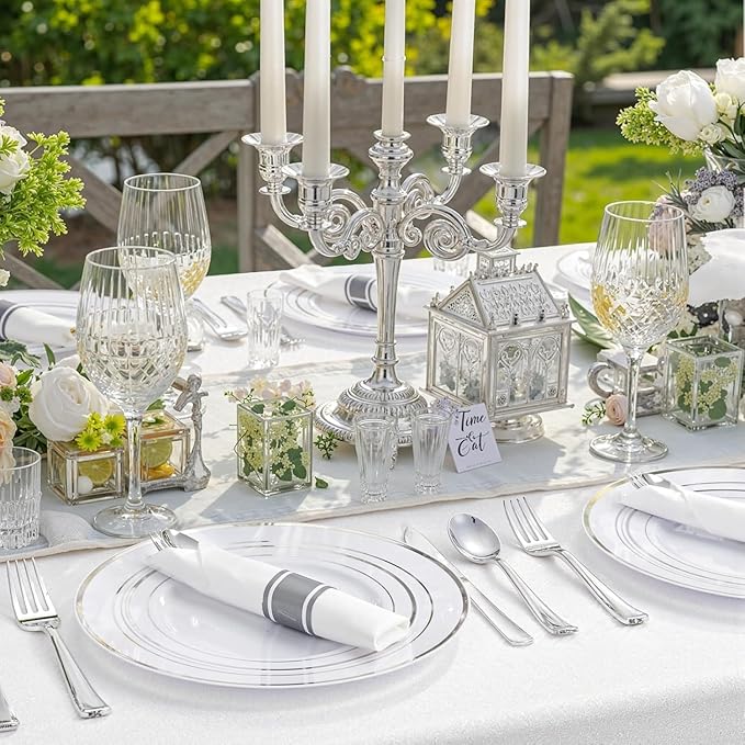 WDF 120PCS Plastic Plates White Silver Rim - Disposable Plates including 60PCS for Dinner 10.25inch, 60 Salad/Dessert Plates 7.5inch Heavy Duty Wedding Party Birthday