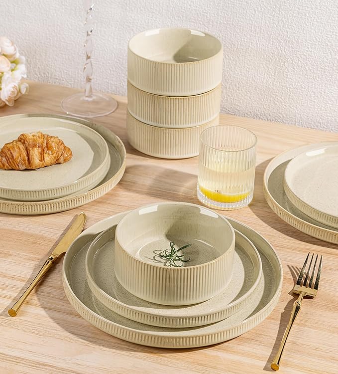 TheTerra Ceramic Dinnerware Sets with Pasta Bowls for 4, 16 Pieces Porcelain Lightweight Speckled Plates and Bowls Sets, Scratch Resistant Dish Set, Oven & Microwave & Dishwasher Safe, Cappuccino