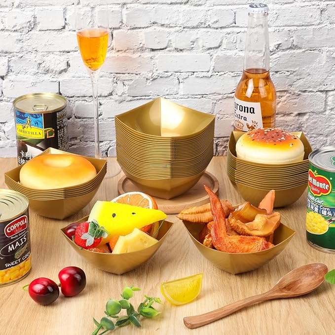 Sliner 100 Pcs Square Plastic Bowls 8 oz Plastic Serving Bowls Disposable Chip Containers for Parties Snack Fruit Candy Containers for Candy Buffet Salad Bar Buffet Party Supplies (Gold)