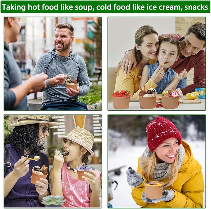 DI QIU REN 8oz Paper Soup Container Cup with Vented Lids, Disposable Paper Food Container Kraft Dessert Bowl Soup Bowls, Microwavable and Freezer Safe for Hot Soup, Ice Cream (100 Pcs - Kraft, 8 oz)