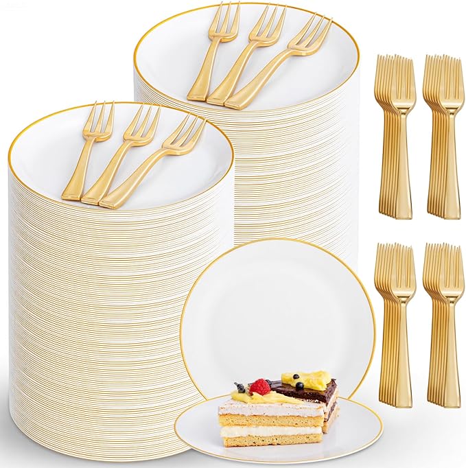 Festiva 400Pcs Gold Dessert Plates 6.3" with Forks 5"- 200PCS Small Disposable Dessert/Cake/Appetizer Plates and 200PCS Forks - Serve 200 Guests for Birthday Party& Wedding &Valentine's Day