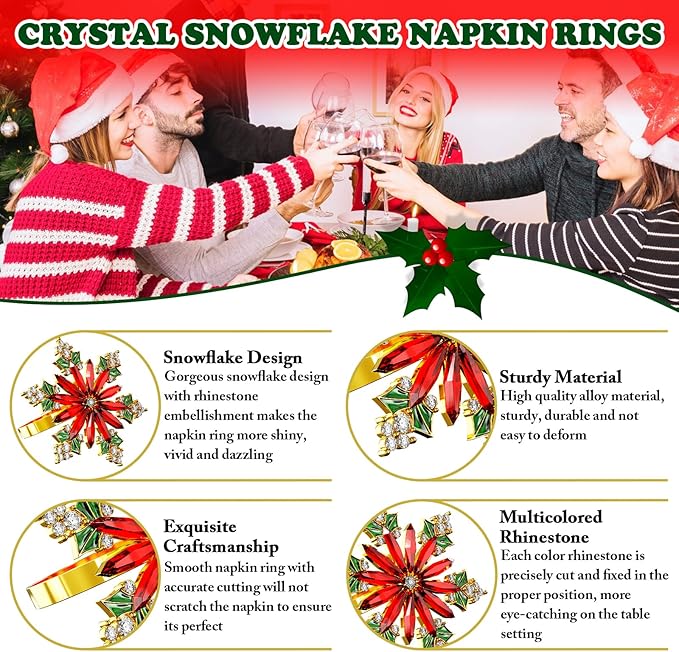 ZeeDix Christmas Crystal Snowflake Napkin Rings Set of 12- Rustic Dinner Tables Setting Decoration for Wedding Receptions, Christmas Holiday Party Dinner Parties