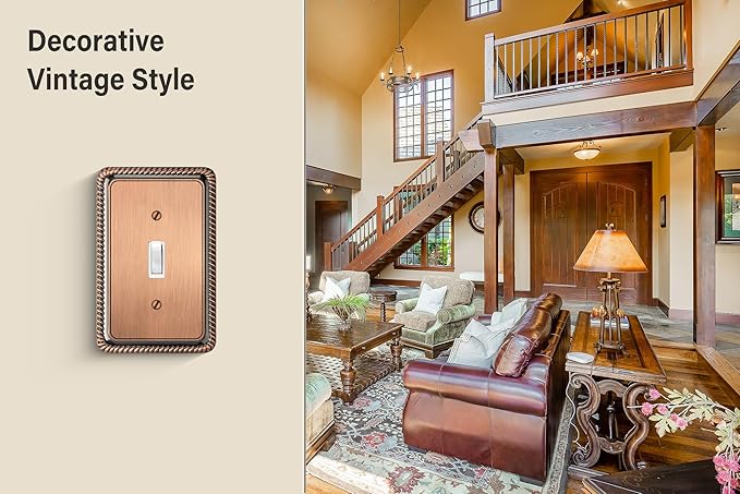 Henne Bery Rope Edge Decorative Wall Plate Switch Plate Outlet Cover (Single Toggle, 2 Pack, Antique Copper)