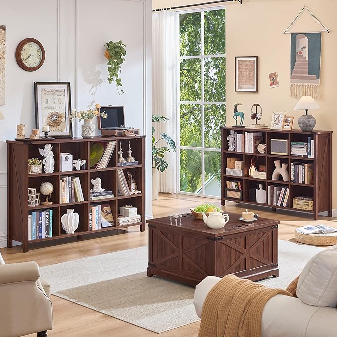 12 Cube Storage Organizer, Farmhouse 62 Inch Wide Brown Walnut Display Bookshelf, Wooden 3 Tier Large Open Book Shelf, Vintage Bookcase for Home Office, Cubby Cabinet for Living Room, Office