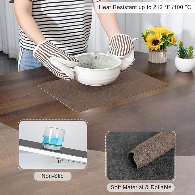 Myir JUN Placemats Dual Sided, Faux Leather Place Mats Set of 6 Indoor Placemat for Dining Table Outdoor Place Mat Square Non-Slip Washable Table Mats (Gray Brown, Set of 6)