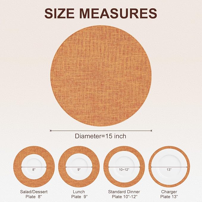 homing 15 Inch Round Cloth Placemats Set of 6, Cotton Linen Blend Washable Table Mats, Farmhouse Dining Place Mats for Indoors & Outdoors, Easy to Clean, Orange