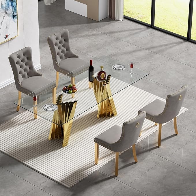 5 Piece Glass Dining Table Set,70" Dinner Room Glass Table Set for 4,Modern Kitchen Dinner Table Set with Stainless Steel Base and 4 Upholstered Velvet Dining Chairs for Living Dining Room