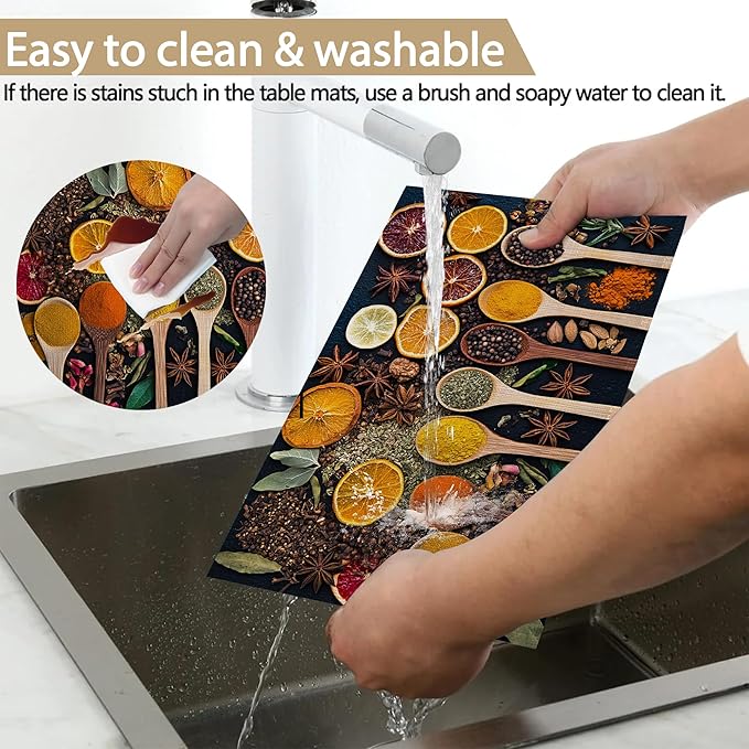 Placemats, Colorful Spices Placemats 12x18 Inch Waterproof Non-Slip Washable Table Mats for Kitchen Dining Party Table Decor,Set of 6