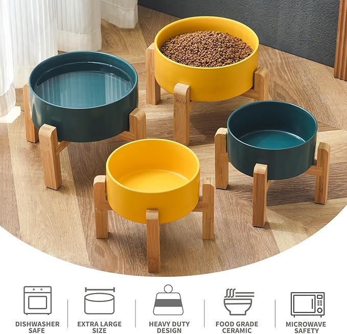 8'' Ceramic Raised Dog Bowl - 70Oz Dog Food & Water Bowl with Elevated Non-Slip Bamboo Stand, Dishwasher & Microwave Safe, Anti Vomiting Heavy Duty Pet Bowl for Medium and Large Dogs, Yellow