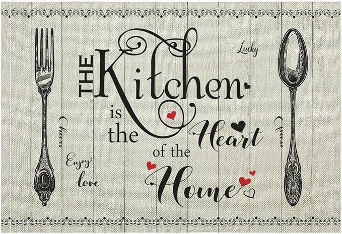 Retro Farmhouse Placemat Set, Minimal Black White Rustic Plank Art Sketch Cutlery Knife Fork Inspirational Quotes Pattern Home Decor Linen Table Mats for Dining Room Kitchen Party (17x12in) x2P