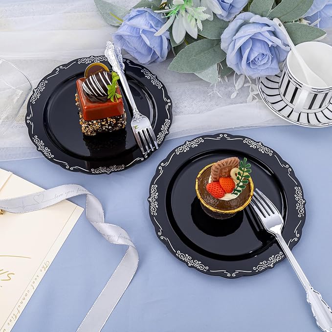 DaYammi 60PCS Black and Silver Plastic Plates, Heavy Duty Black and Silver Disposable Plates Premium 7.5 inch Dessert Cake Salad Appetizer Plate Hard Plastic Plate Disposable for Party Wedding