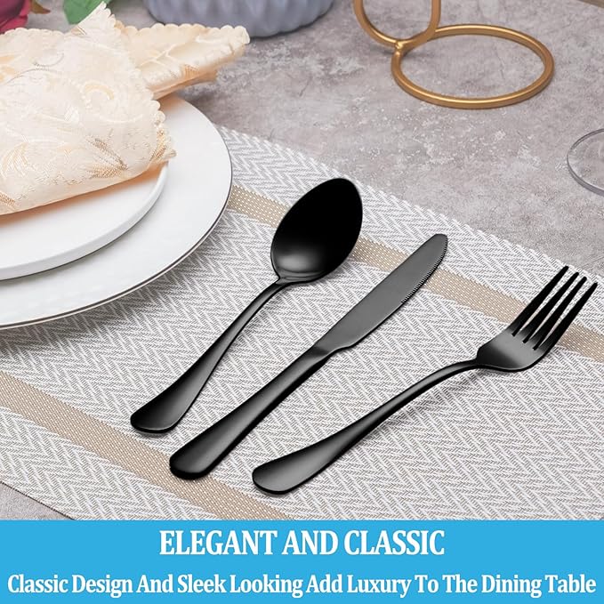 50 Pcs Black Silverware Set, Stainless Steel Flatware Set Service for 10, Mirror Polished Cutlery Utensil Sets, Durable Home Kitchen Eating Tableware Sets, Include Fork Knife Spoon, Dishwasher Safe