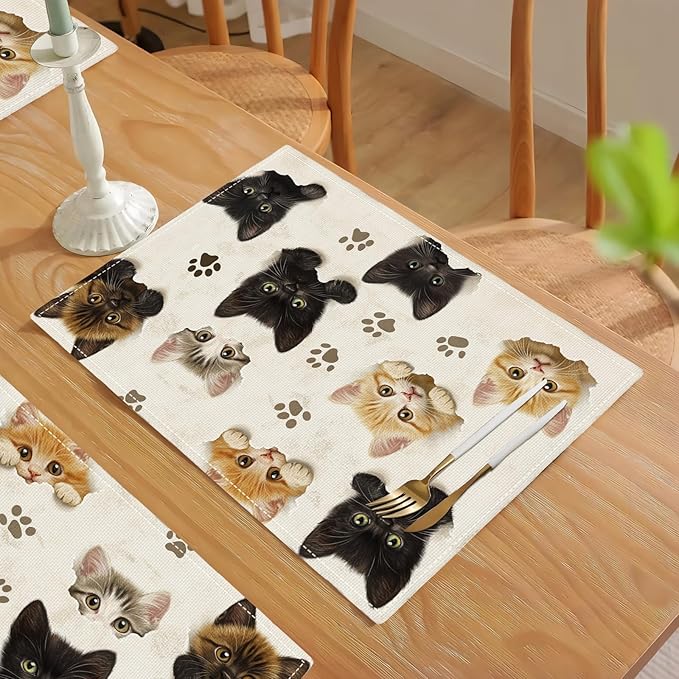 Cat Placemats Set of 6, Cute Black Cats Table Mats, Animal Washable Place Mats for Coffee Bar Home Party Indoor Kitchen Dining Table Decoration 12x18 Inch