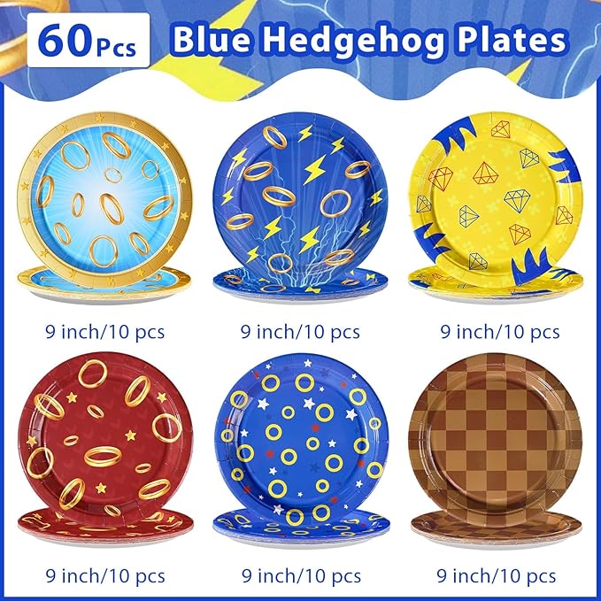 60Pcs Blue with Gold Ring Paper Plates 9" Disposable Heavy Duty Cartoon Tinsel Video Games Dessert Paper Plates Hedgehog Party Tableware Set for Kids Birthday Baby Shower Party Decorations