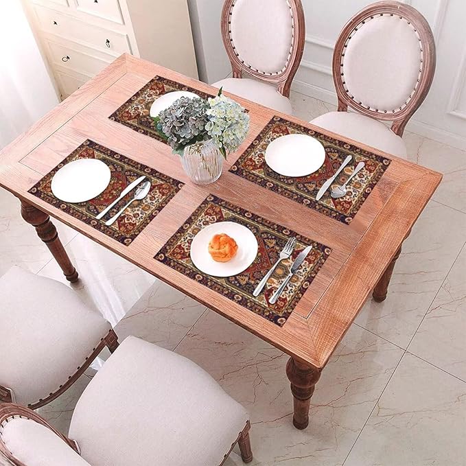 Persian Design Placemats Set of 6 Tribal Texture Boho Persian Rust Wipeable Table Mats Reusable Washable PVC Rectangle Place Mats for Kitchen Dining Home Decor 12x18 Inches