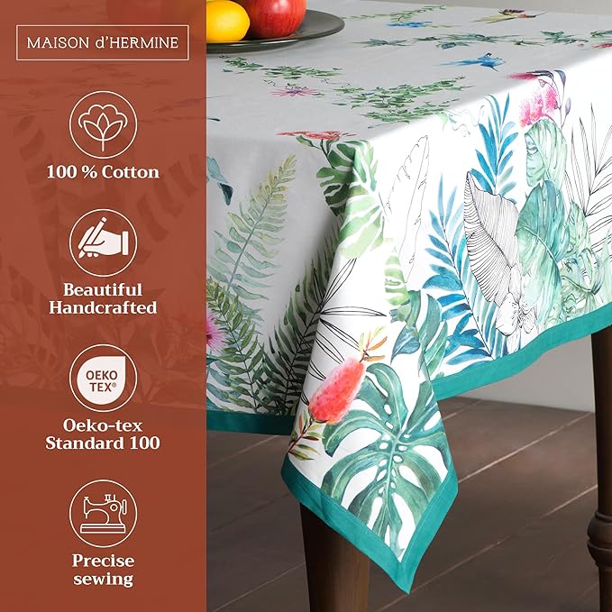Maison d' Hermine Table Cloth Rectangle Table 100% Cotton 54 x 72 Inches Tablecloth Reusable Decorative for Dining Room Farmhouse Home Valentines Day Decorations Spring Summer - Tropiques