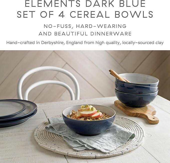 Denby - Elements Dark Blue Cereal Bowls Set of 4-28oz Everyday Soup, Dessert Bowls - Contemporary Design - Dishwasher & Microwave Safe Ceramic Stoneware Tableware - Scratch Resistant