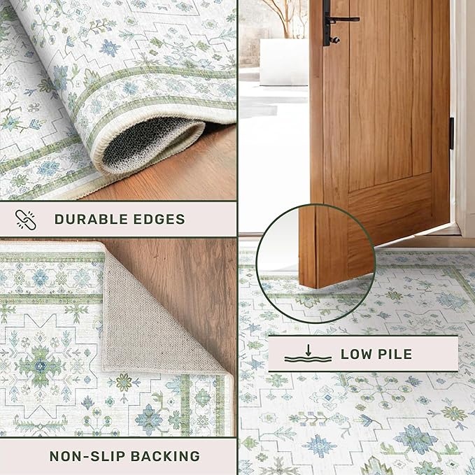Blue and Green Living Room Rug 8x10 - Cream Oushak Vintage Boho Floral Farmhouse, Washable Low Pile Non-Slip Extra Large Area Rugs for Bedroom, Girls, Boys, Playroom, Lounge