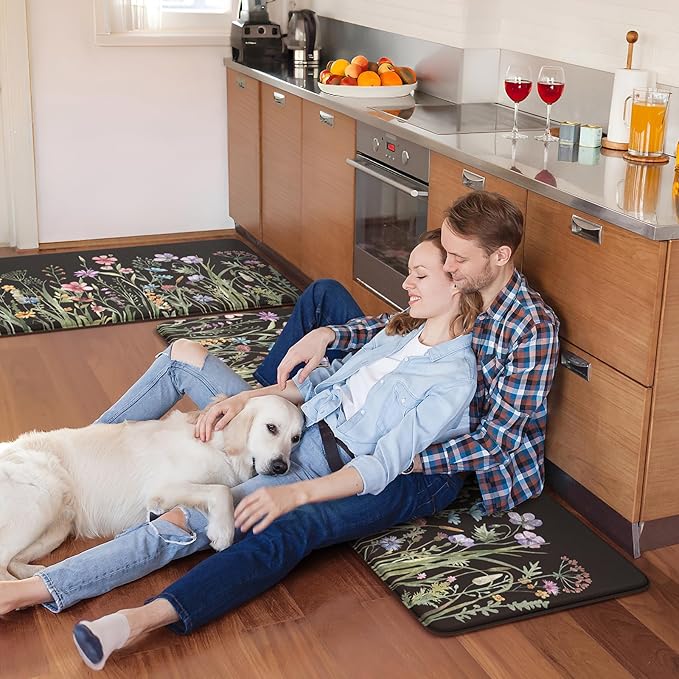 KIMODE Anti Fatigue Mats for Kitchen Floor 17"x47"+17"x29", Farmhouse Floral Kitchen Rugs Sets of 2, Cushioned Kitchen Floor Mats, Non Slip Standing Mat for Sink, Laundry, Office, Desk Black