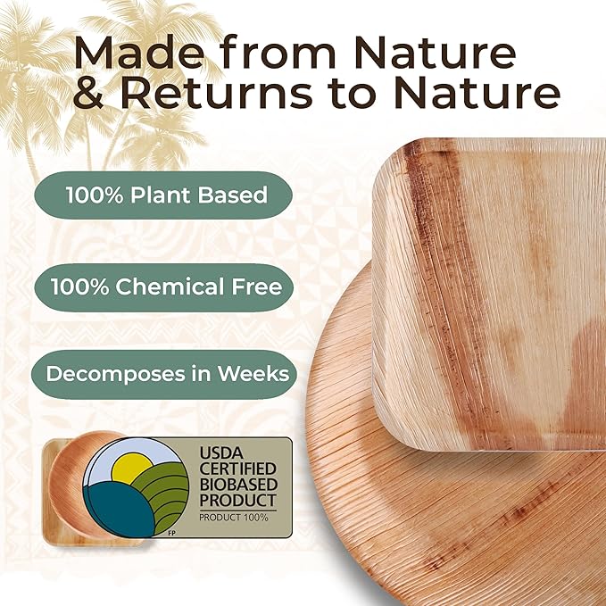 Indie Palm Disposable Palm Leaf Plates – 50 Pack 8 Inch Round – Heavy Duty, 100% Compostable & Biodegradable – Eco-Friendly Alternative to Plastic & Bamboo – Perfect for Parties & Events