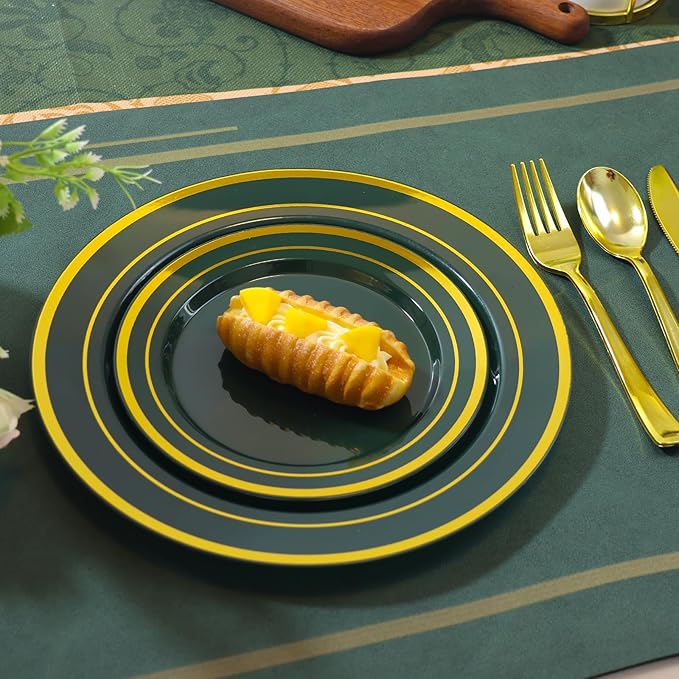 200PCS Green Plastic Plates, Green Disposable Plates with Gold Rim Include 100 Dinner Plate 10 inch and 100 Dessert Plate 7 inch Perfect for Party & Wedding