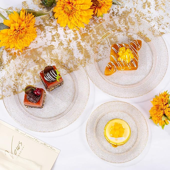 WDF 200PCS Gold Plastic Plates - Gold Glitter Plastic Plates - Heavy Duty Gold Glitter Disposable Plates - Include 100 Dinner Plates 10" and 100 Dessert Plate 7" for Party Wedding Valentine's Day