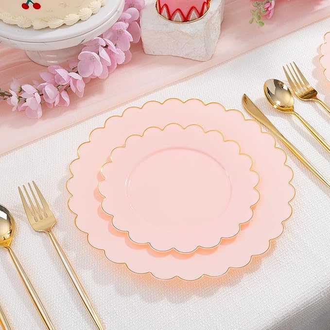 LIYH 120 Pcs Pink Plastic Plates Disposable - Pink Disposable Plastic Plates Set for Party Includes 60 Dinner Plate 10.25" & 60 Dessert Plate 7.5" Elegant Gold Rim for Party Birthday