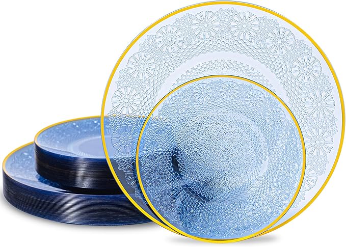 60PCS Blue Plastic Plates with Gold Rim, Lace Patterns Heavy Duty Disposable Plates Include 30 Dinner Plate 10 Inch and 30 Salad Plate 7 Inch for Party, Wedding, Transparent Blue