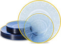 60PCS Blue Plastic Plates with Gold Rim, Lace Patterns Heavy Duty Disposable Plates Include 30 Dinner Plate 10 Inch and 30 Salad Plate 7 Inch for Party, Wedding, Transparent Blue