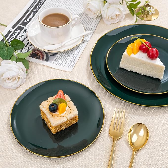 bUCLA 200PCS Green Plastic Plates - Green Disposable with Gold Rim Include 100 Dinner 10 inch & 100 Dessert 7 inch Plates, Ideal for Party & Christmas