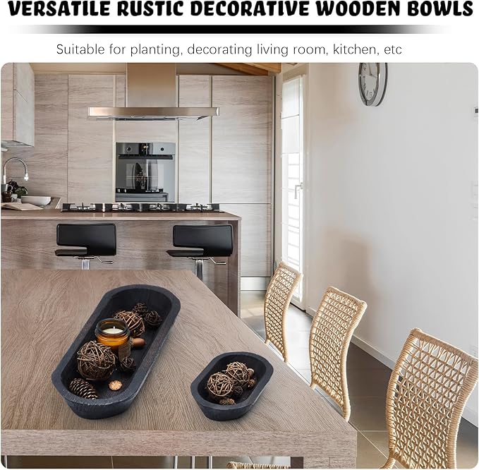 Tessco 2 Pcs Wooden Dough Bowl for Home Rustic Bread Long Wooden Bowl for Kitchen Dining Table Home Decoration(10 x 6 x 2 Inch, 16 x 6 x 2 Inch,Dark Brown)