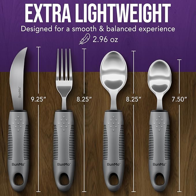 BUNMO Adaptive Utensils for Elderly, Tremors & Weak Hand Grips – 4pc Lightweight Assistive Silverware Set with Foam Easy Grip Handles – Discreet Canvas Travel Wrap – Dishwasher Safe