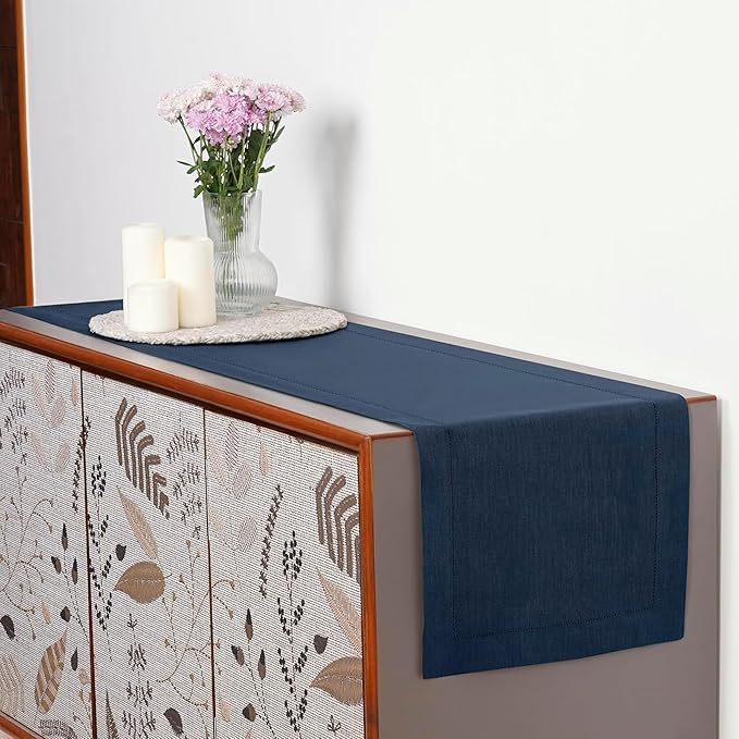 D'Moksha Homes Linen Navy Blue Table Runner 72 Inches Long - 100% Pure Linen Hemstitch Table Runner 14 x 72 Inch for Dresser, Dining, Easter - Classic Hemstitch