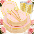EI 180pcs Pink Plastic Plates with Gold Plastic Silverware,Heavy-Duty Disposable Plates for Party,White Dinnerware Set for 30 Guest Wedding,Birthday,Valentine's Day