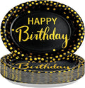 50Pcs Black and Gold Birthday Oval Paper Plates 10" x 12" Large Heavy Duty Disposable Black Gold Happy Birthday Decorations Golden Dessert Party Plate for Women Men Winter Xmas Holiday Party Supplies