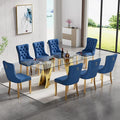 9 Piece Glass Dining Table Set,70" Dinner Room Glass Table Set for 8,Modern Kitchen Dinner Table Set with Stainless Steel Base and 8 Upholstered Velvet Dining Chairs for Living Dining Room