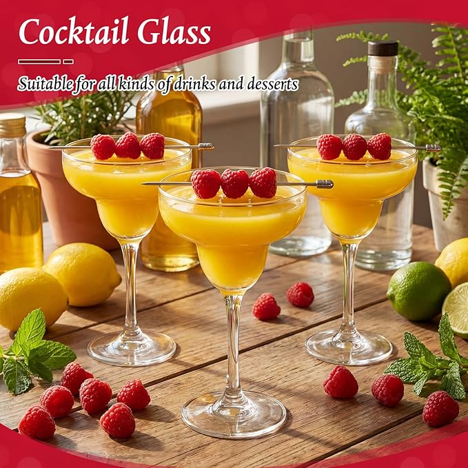 Maxdot 12 Set 12 oz Large Margarita Glasses with Metal Cocktail Picks Crystal Stemmed Martini Cocktail Glass Bulk Clear Daiquiri Margarita Cups for Home Parties Wedding Pina Coladas Frozen Drinks