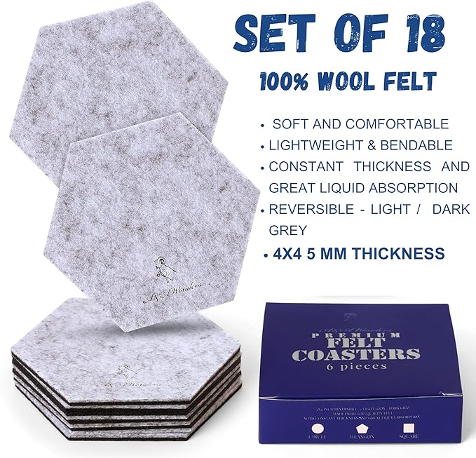 A&A Wonders Premium Felt Coasters for Drink, Two-Tone Reversible, Absorbent Felt Protects Furniture, Table, Anti Slip, Suitable for Drinks & All Table Types (Light Gray/Dark Gray, Hexagon 18 Pack)