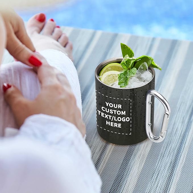 Custom Stainless Steel Mugs with Carabiner Handle 10 oz. Set of 10, Personalized Bulk Pack - Perfect for Coffee, Soda, Other Hot & Cold Beverages - Army Green
