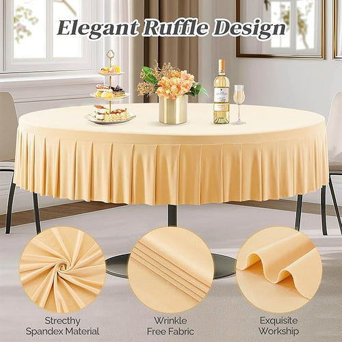 2 Pack Champagne Spandex Round Tablecloths for 60 inch Tables, Stretchy Fitted 5FT Round Table Cloths with Skirt for Wedding Party Dining Banquet