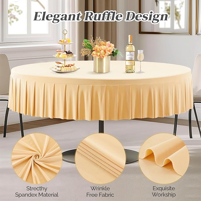 6 Pack Champagne Spandex Round Tablecloths for 72in Table, Stretchy Fitted 6FT Round Table Cloths, Wrinkle Free Table Cover with Skirt for Wedding Birthday Party Bridal Shower Banquet