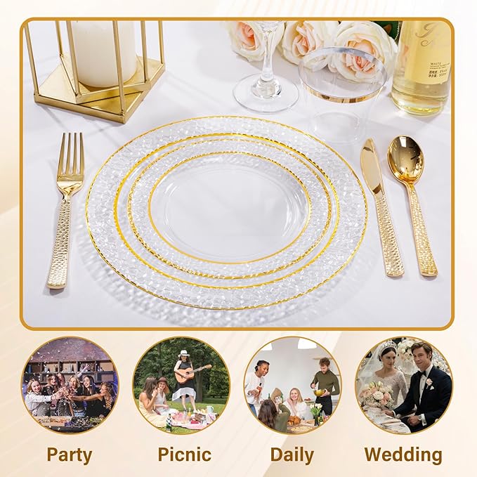 Nervure 150Pcs Clear Plastic Plates with Gold Hammered Silverware include 25Dinner Plate, 25Dessert Plate, 25Knives, 25Forks, 25Spoons and 25Cups for Wedding & Parties & Thanksgiving