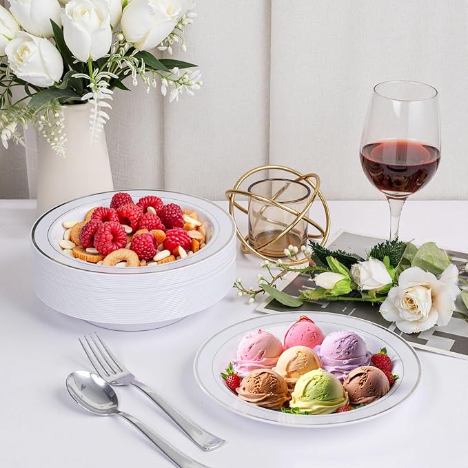 bUCLA 120 Pack Disposable Plastic Bowls 12oz - Elegant White & Silver Trim Party Bowls for Salad, Soup, Dessert - Heavy Duty Disposable for BBQ, Weddings and Christmas
