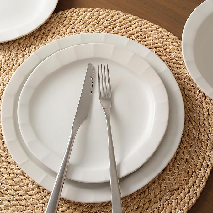 Stone Lain Oasis Stoneware 24 Piece Dinnerware Set, Home Kitchen Dish Set with Dinner Plates, Salad Plates & Bowls - Service for 8, White