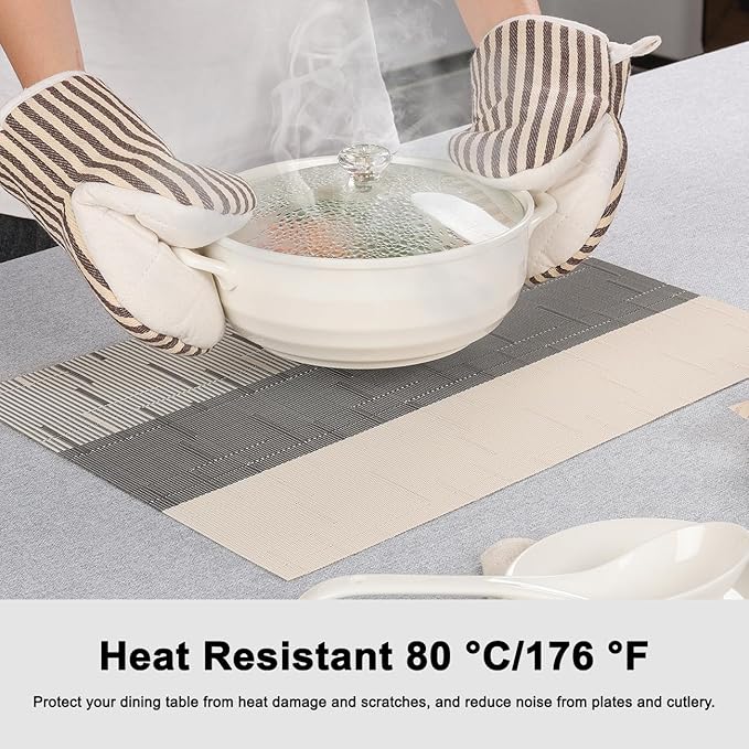 Placemats Set of 6, Vinyl Woven Place Mats Indoor Set of 6 Washable Wipeable PVC Table Mats Heat-Resistant Non Slip Placemat for Kitchen Dining Outdoor Table (Beige Dark Gray, Set of 6)