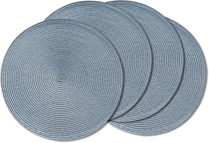 AHHFSMEI Round Braided Placemats 15 Inch Round Table Mats for Dining Tables Natural Woven Heat Resistant Place mats Set of 4 (Light Blue,4)