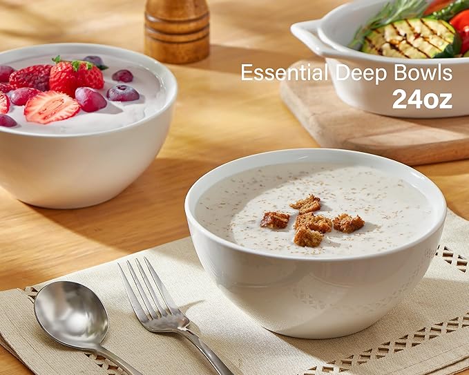 ONEMORE White Ceramic Bowls Set of 6, 24 oz Soup and Cereal Bowl- Microwave & Dishwasher Safe, Porcelain Dinner Bowls, Individual Salad Serving Bowl, Deep Interior, Scratch-Resistance, Stackable