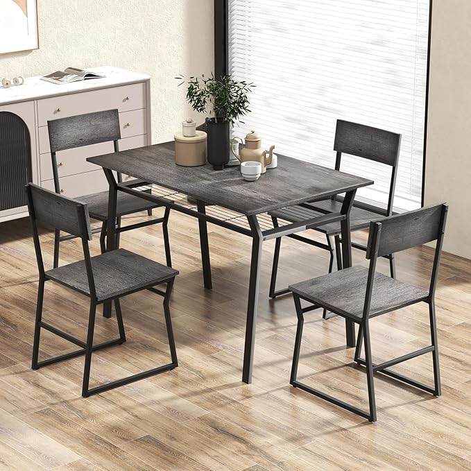 Giantex Dining Table Set for 4, 47”L x 28”W Rectangular Kitchen Table w/ 4 Trapezoid Chairs, Reinforced Metal Frame & Storage Rack, Industrial Space-Saving Dinette Set for Kitchen Dining Room (Grey)