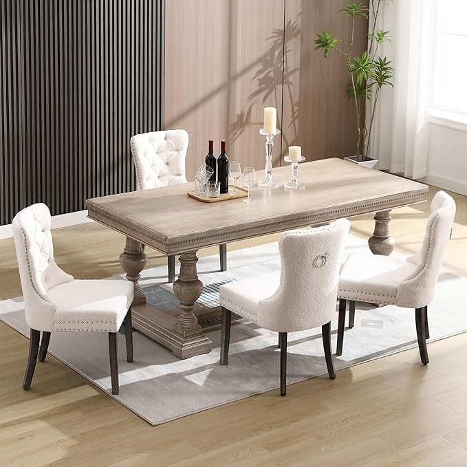KCC Boucle Dining Chairs Set of 2, Upholstered High-end Tufted Dining Room Chair with Nailhead Back Ring Pull Trim Solid Wood Legs, Contemporary Nikki Collection Modern Style for Kitchen, Cream